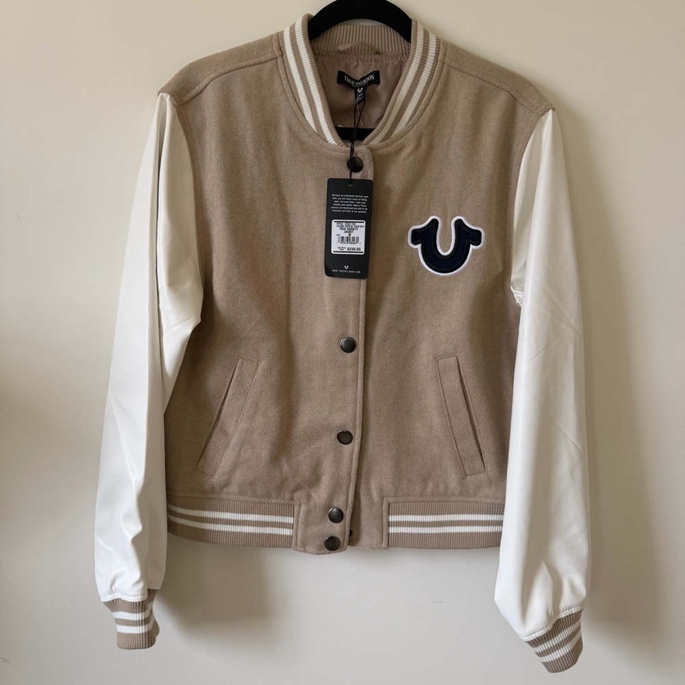 True Religion Tan and White Varsity Bomber Jacket Size M NWT